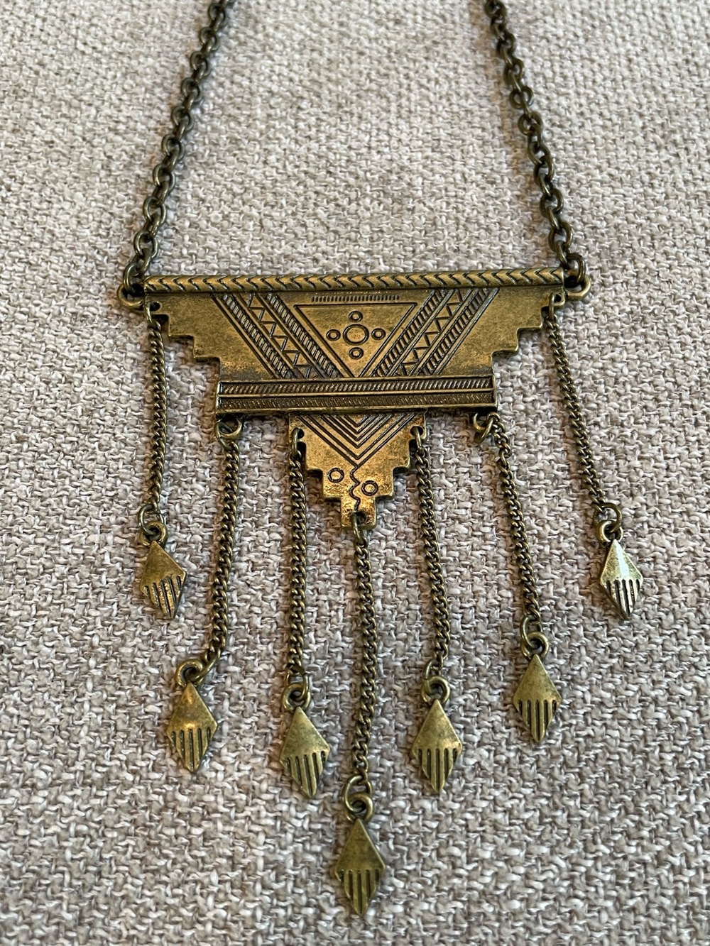 Brass Plated African Tribal Inspired Etched Pendant Diamond Dangles Necklace - Picture 2 of 11